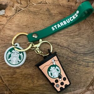 Starbucks Green Wrist Strap with Peach Bubble Tea Cup Charm/Key Chain